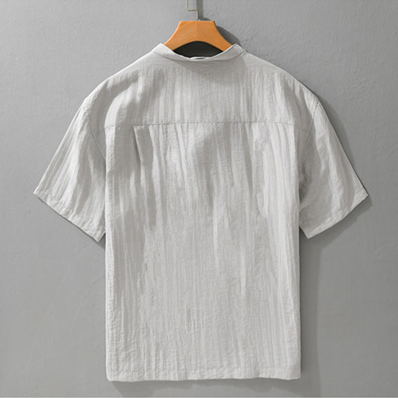 Buddha Stones Summer Casual Tang Style Mandarin Collar Half Buttons Solid Men's Short Sleeve Shirts With Decorative Pocket - image 1