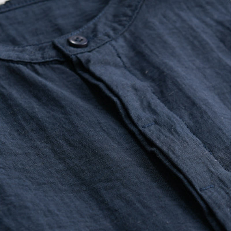 Buddha Stones Summer Casual Tang Style Mandarin Collar Half Buttons Solid Men's Short Sleeve Shirts With Decorative Pocket - image 11