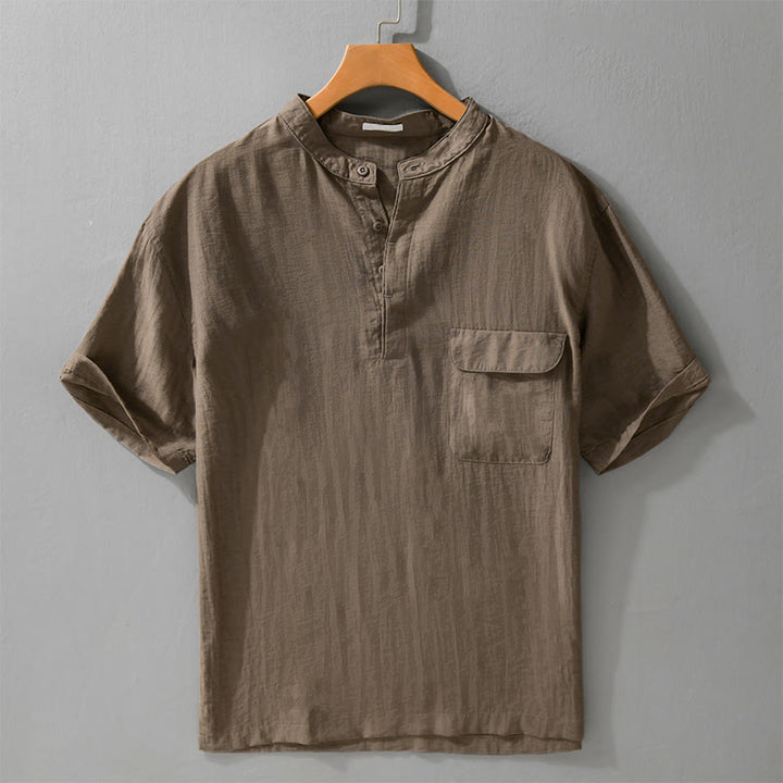 Buddha Stones Summer Casual Tang Style Mandarin Collar Half Buttons Solid Men's Short Sleeve Shirts With Decorative Pocket - Sienna - US/UK/AU42, EU52 (3XL) - image 13