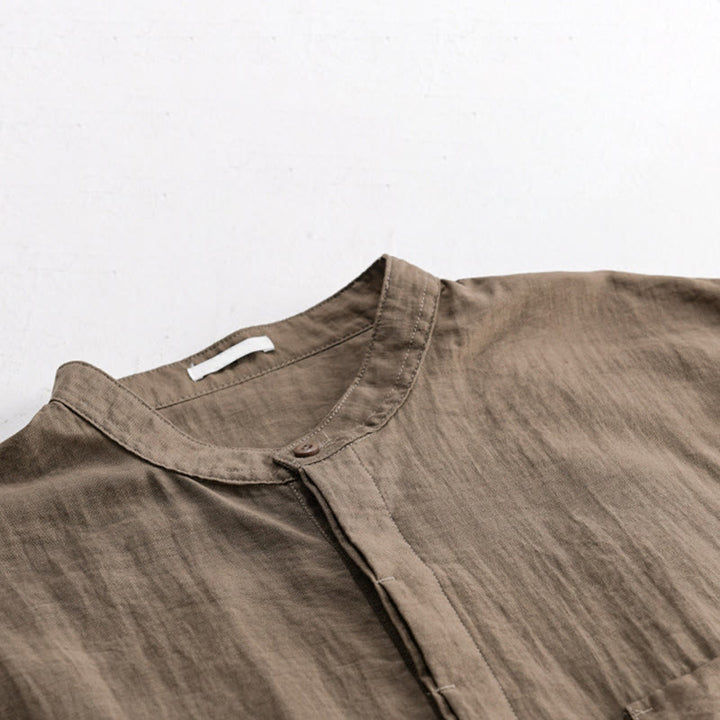 Buddha Stones Summer Casual Tang Style Mandarin Collar Half Buttons Solid Men's Short Sleeve Shirts With Decorative Pocket - image 14