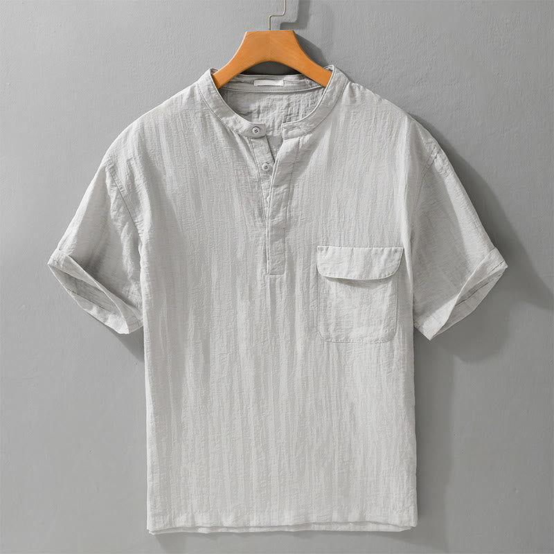 Buddha Stones Summer Casual Tang Style Mandarin Collar Half Buttons Solid Men's Short Sleeve Shirts With Decorative Pocket - Gainsboro - US/UK/AU42, EU52 (3XL) - image 0