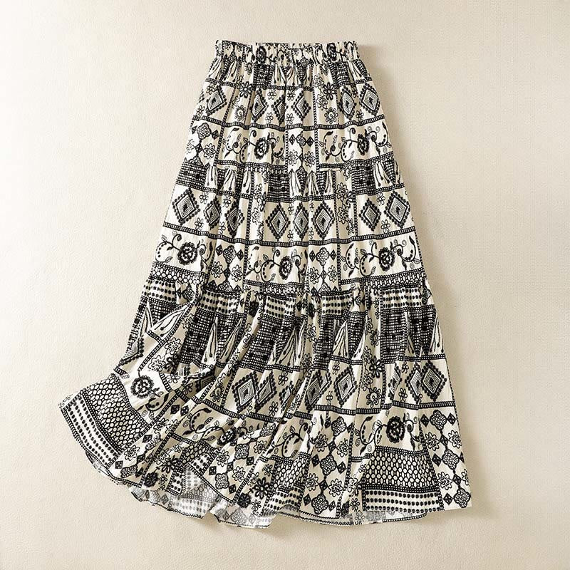 Buddha Stones Summer Bohemian Casual Black Beige Geometric Floral Women's Skirt - Beige - US4-6, UK/AU8-10, EU36-38 (S-M) - image 0