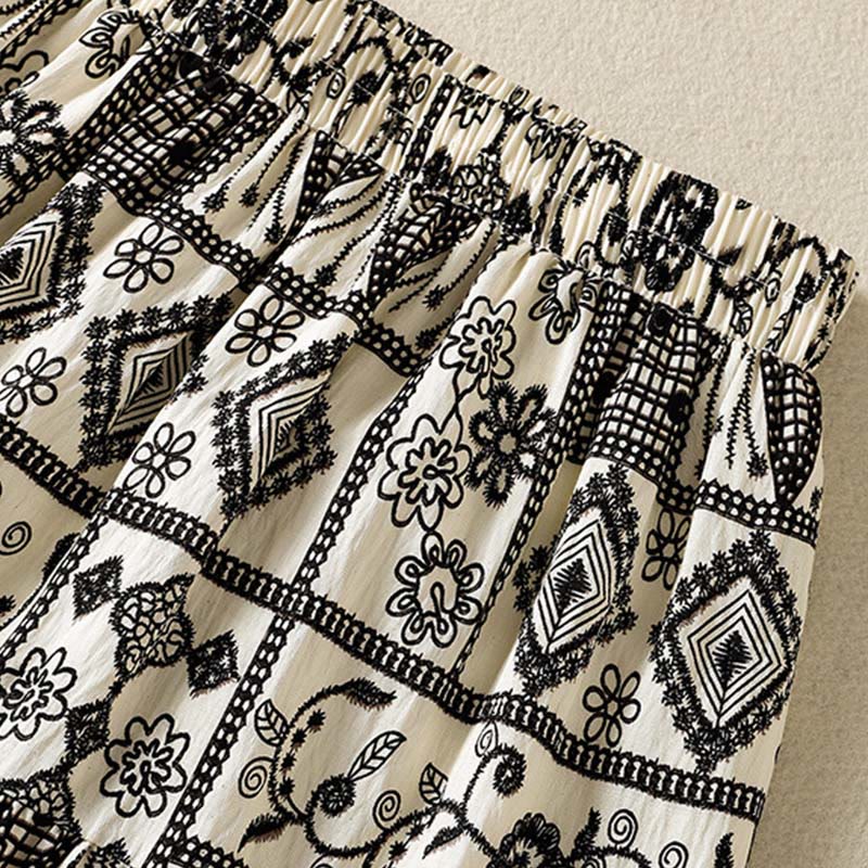 Buddha Stones Summer Bohemian Casual Black Beige Geometric Floral Women's Skirt - image 4