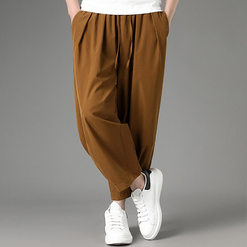 Buddha Stones Summer Casual Minimalist Drawstring Solid Capri Pants Men's Harem Pants With Pockets - image 4