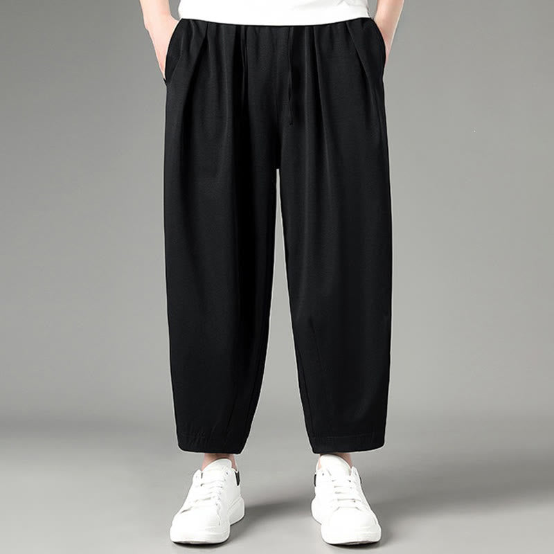 Buddha Stones Summer Casual Minimalist Drawstring Solid Capri Pants Men's Harem Pants With Pockets - Black - US/UK/AU46, EU56 (5XL) - image 5