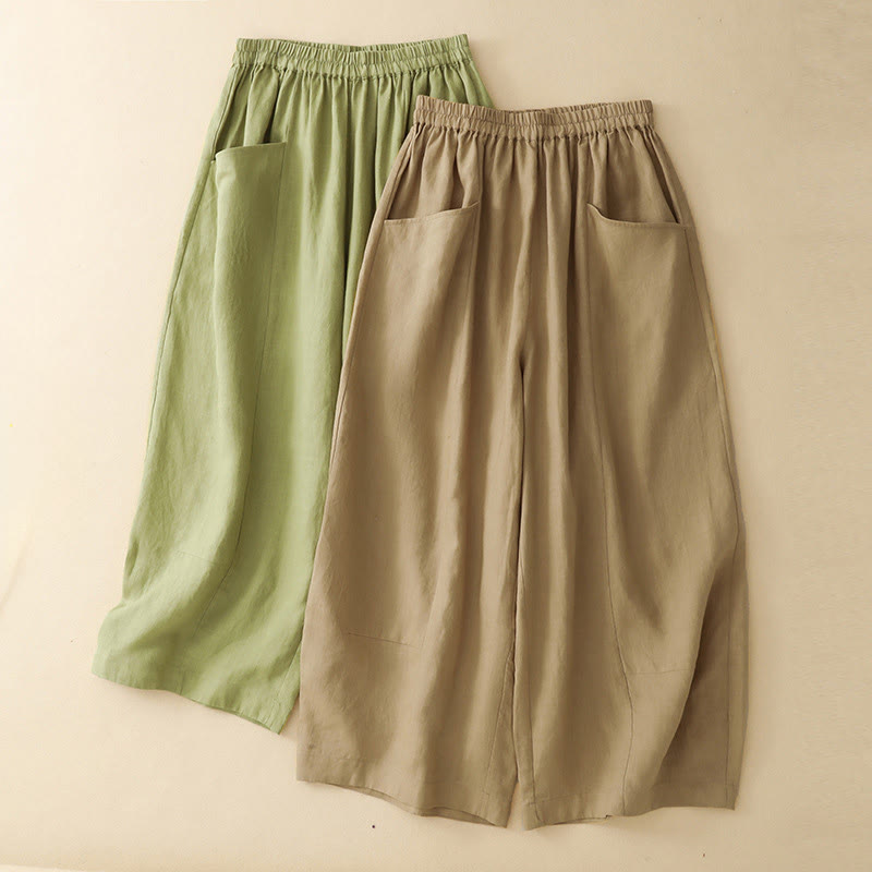 Buddha Stones Summer Casual Solid Elastic Waist Cropped Pants Women's Wide Leg Pants With Pockets - image 15