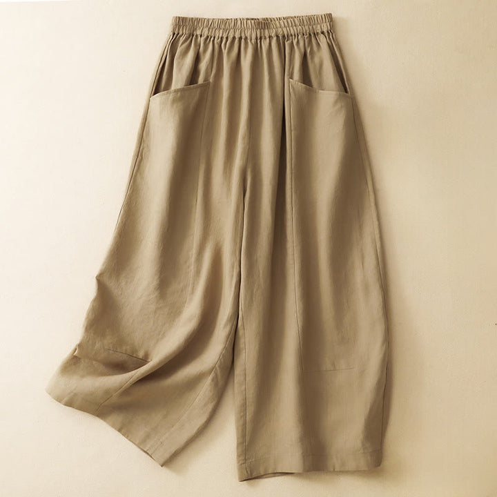 Buddha Stones Summer Casual Solid Elastic Waist Cropped Pants Women's Wide Leg Pants With Pockets - Tan - US12, UK/AU16, EU44 (2XL) - image 0
