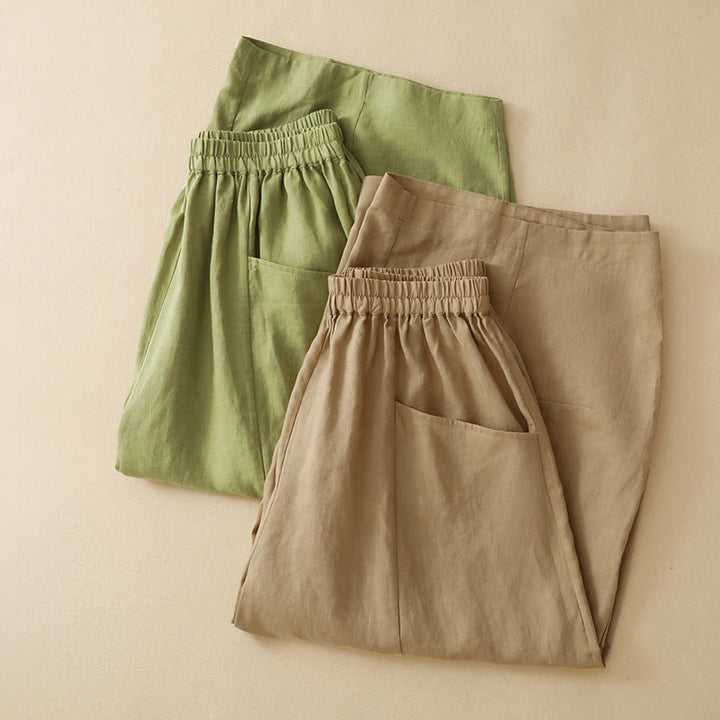Buddha Stones Summer Casual Solid Elastic Waist Cropped Pants Women's Wide Leg Pants With Pockets - image 16