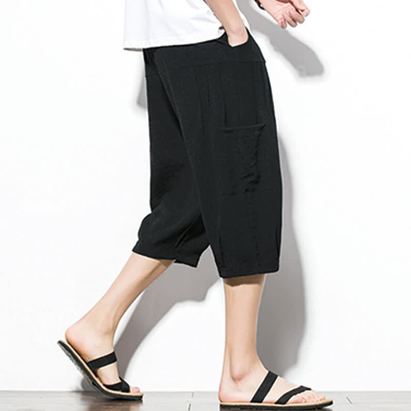 Buddha Stones Summer Casual Minimalist Drawstring Solid Men's Cropped Pants With Pocket - image 10