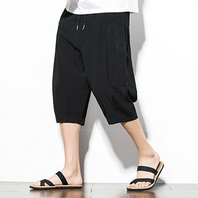 Buddha Stones Summer Casual Minimalist Drawstring Solid Men's Cropped Pants With Pocket - image 12
