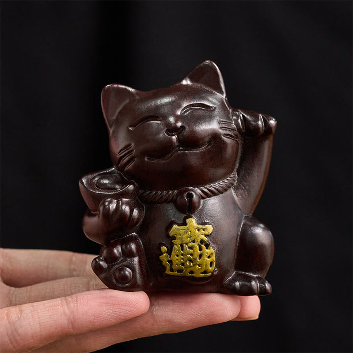 Buddha Stones Attract Wealth Lucky Cat Ebony Wood Carved Blessing Decoration - image 7