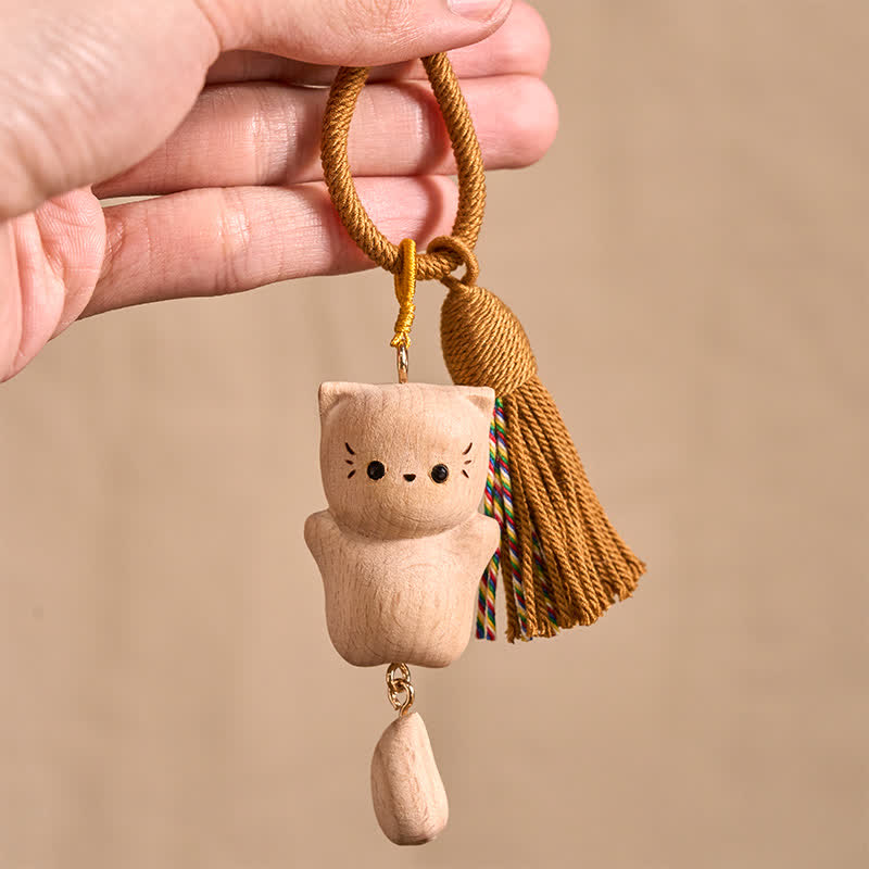 Buddha Stones Beech Wood Lucky Cat Handmade Tassel Keychains - image 0