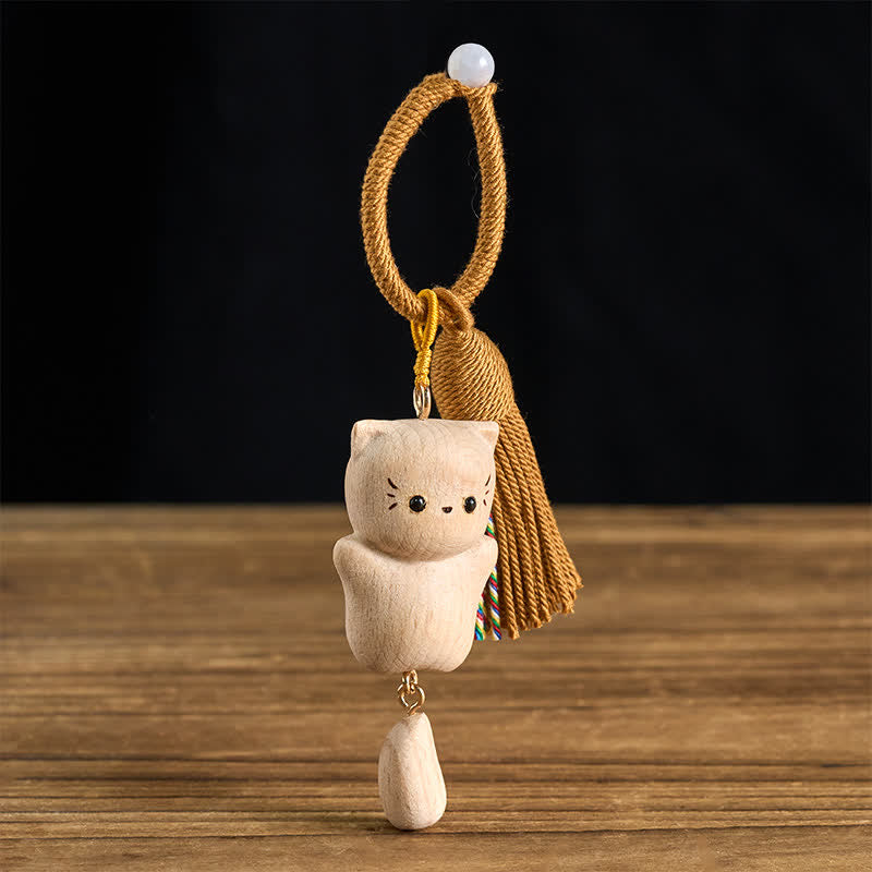 Buddha Stones Beech Wood Lucky Cat Handmade Tassel Keychains - image 1