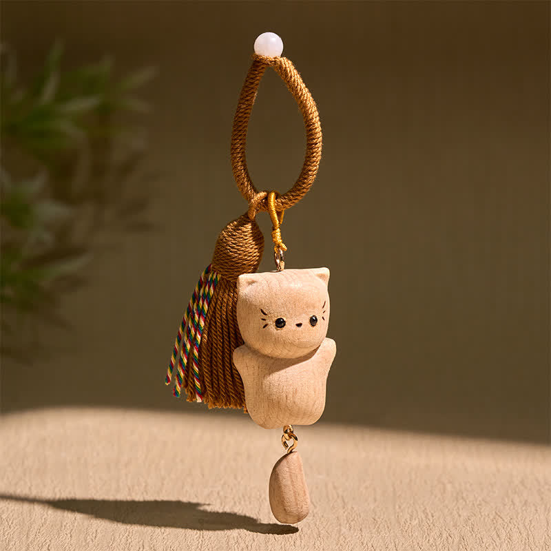 Buddha Stones Beech Wood Lucky Cat Handmade Tassel Keychains - image 2