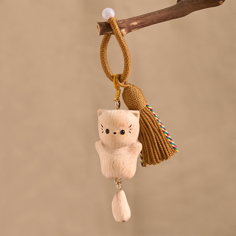 Buddha Stones Beech Wood Lucky Cat Handmade Tassel Keychains - image 3