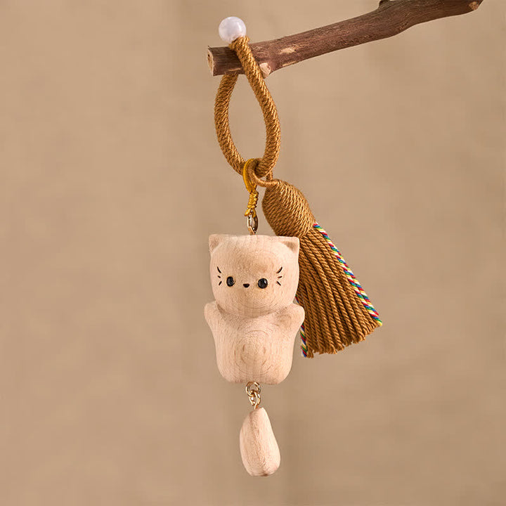 Buddha Stones Beech Wood Lucky Cat Handmade Tassel Keychains - image 3