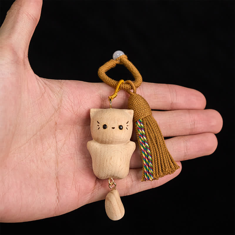 Buddha Stones Beech Wood Lucky Cat Handmade Tassel Keychains - image 4