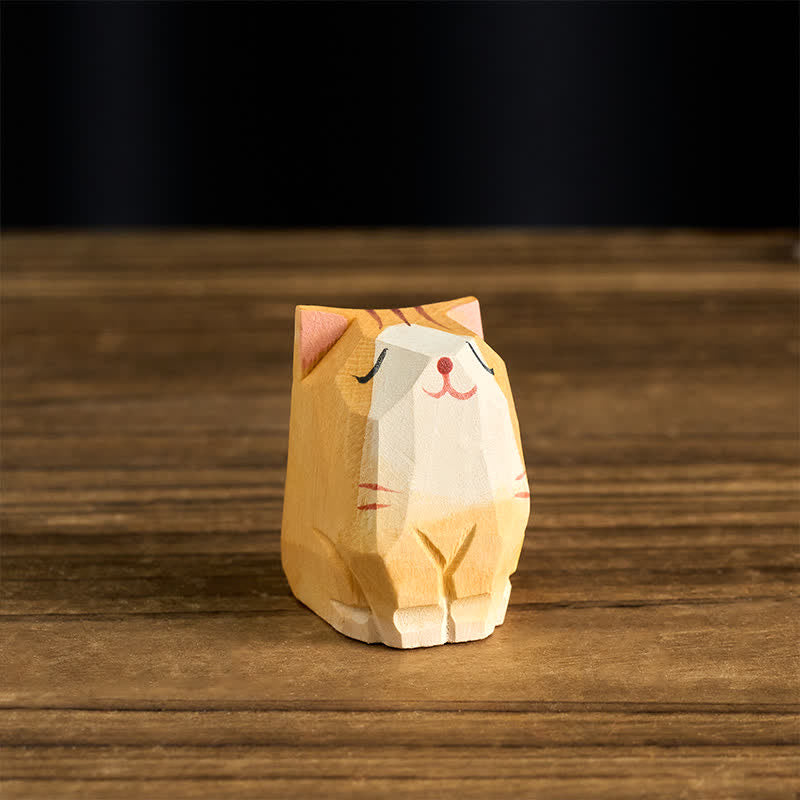 Buddha Stones Natural Texture Wood Orange Cat Hand-Carved Cute Animal Decor - image 1