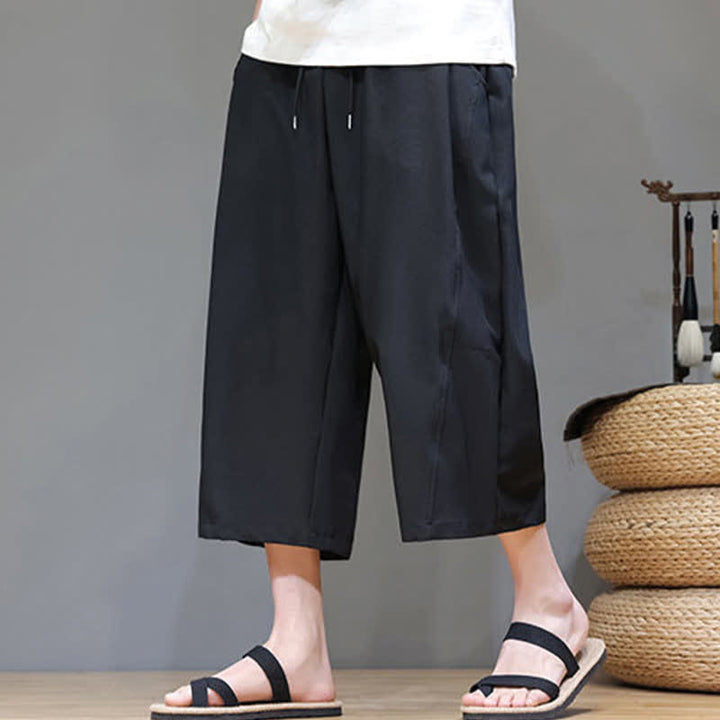 Buddha Stones Summer Casual Minimalist Drawstring Solid Men's Cropped Pants With Pocket - image 13