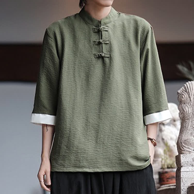 Buddha Stones Summer Tang Style Vintage Mandarin Collar Frog Button Solid Men's Elbow-Length Sleeve Shirts - image 10