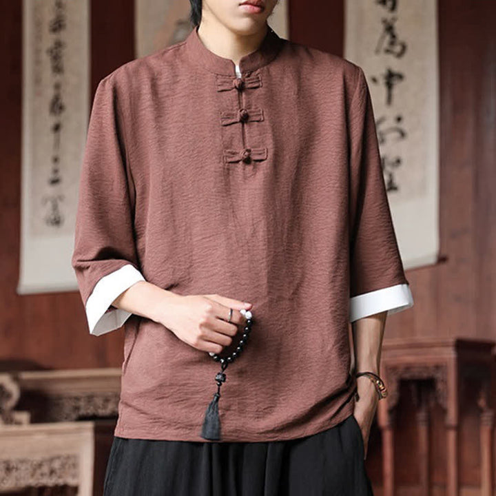 Buddha Stones Summer Tang Style Vintage Mandarin Collar Frog Button Solid Men's Elbow-Length Sleeve Shirts - image 2