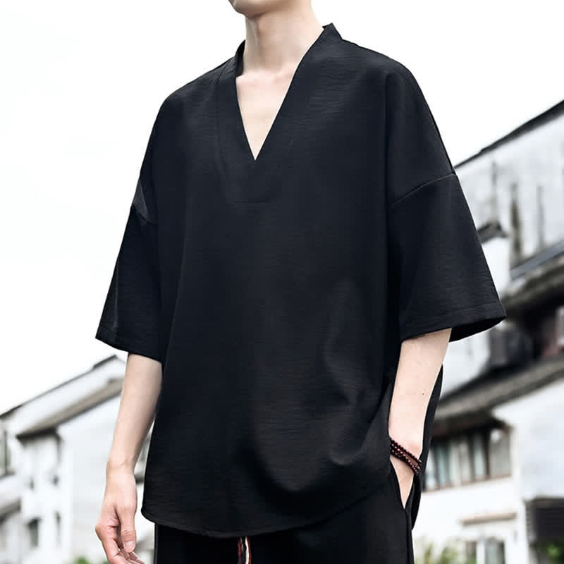 Buddha Stones Summer Minimalist Casual Side Slit Solid Men's Short Sleeve T-Shirts - image 15