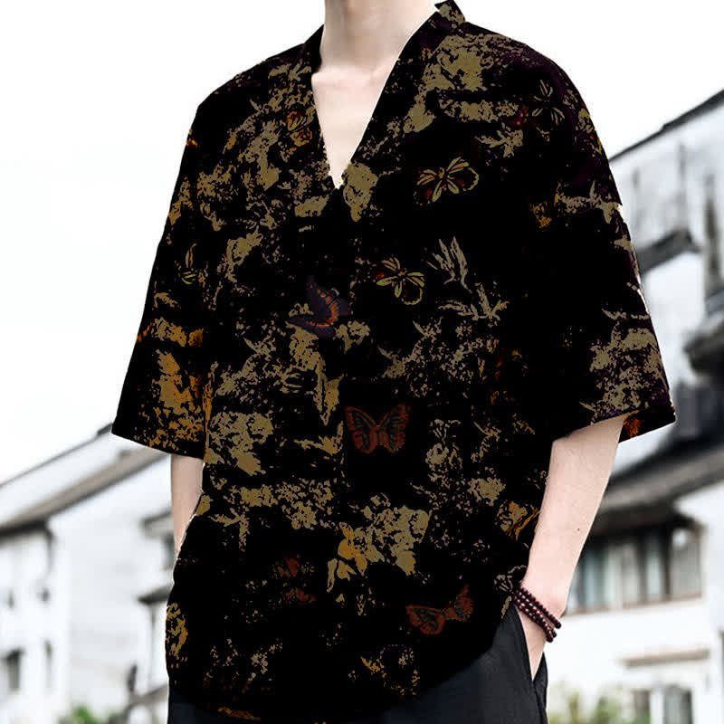Buddha Stones Summer Casual Tang Style Floral V-Neck Men's Short Sleeve T-Shirts - image 6
