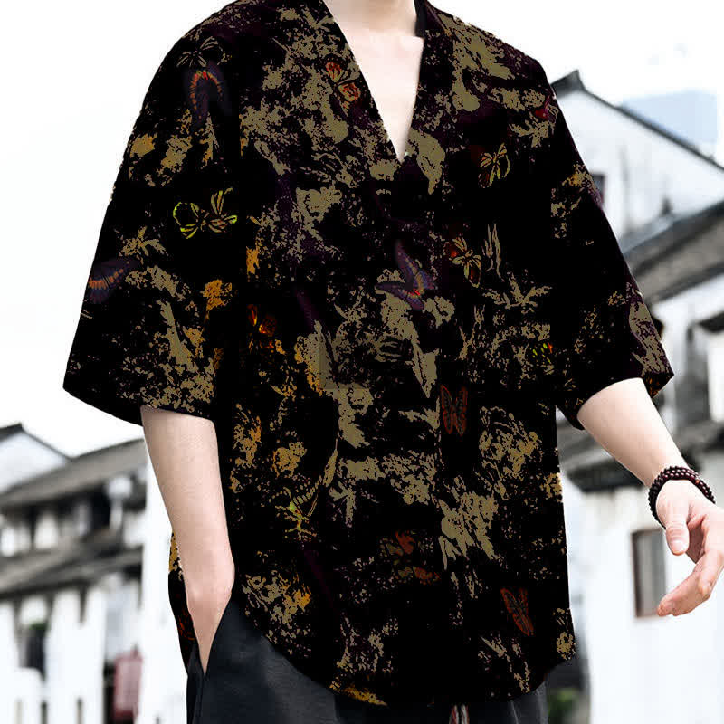 Buddha Stones Summer Casual Tang Style Floral V-Neck Men's Short Sleeve T-Shirts - image 9