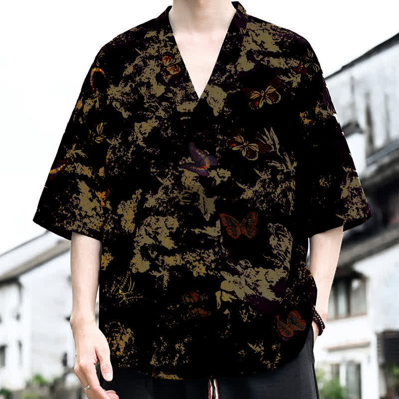Buddha Stones Summer Casual Tang Style Floral V-Neck Men's Short Sleeve T-Shirts - image 5