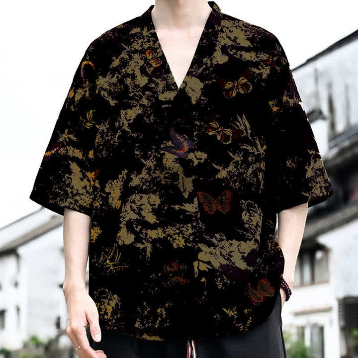 Buddha Stones Summer Casual Tang Style Floral V-Neck Men's Short Sleeve T-Shirts - image 5