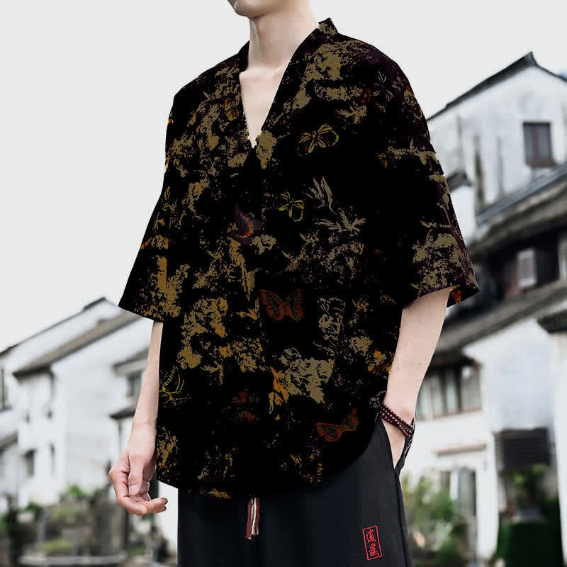 Buddha Stones Summer Casual Tang Style Floral V-Neck Men's Short Sleeve T-Shirts - image 10