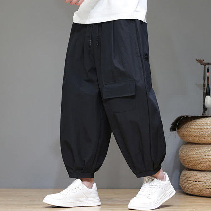 Buddha Stones Summer Casual Minimalist Drawstring Solid Capri Pants Men's Harem Pants With Pockets - Black - US/UK/AU46, EU56 (5XL) - image 5