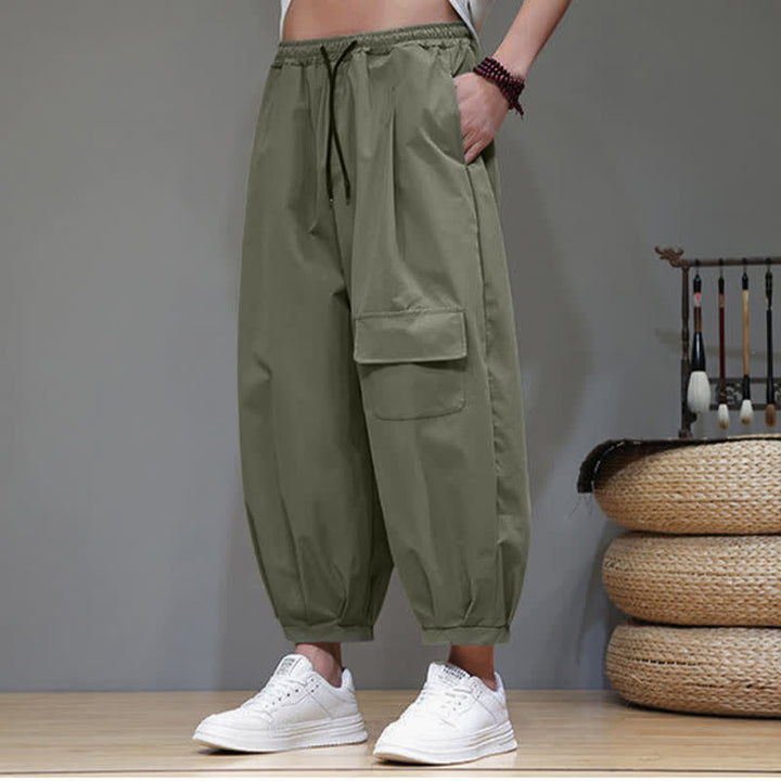 Buddha Stones Summer Casual Minimalist Drawstring Solid Capri Pants Men's Harem Pants With Pockets - image 3