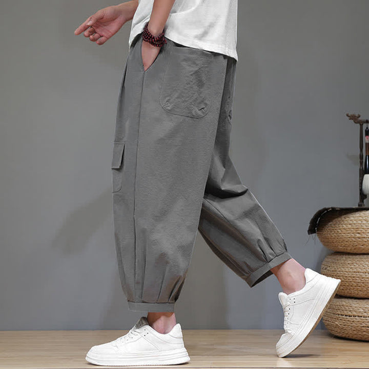 Buddha Stones Summer Casual Minimalist Drawstring Solid Capri Pants Men's Harem Pants With Pockets - image 9