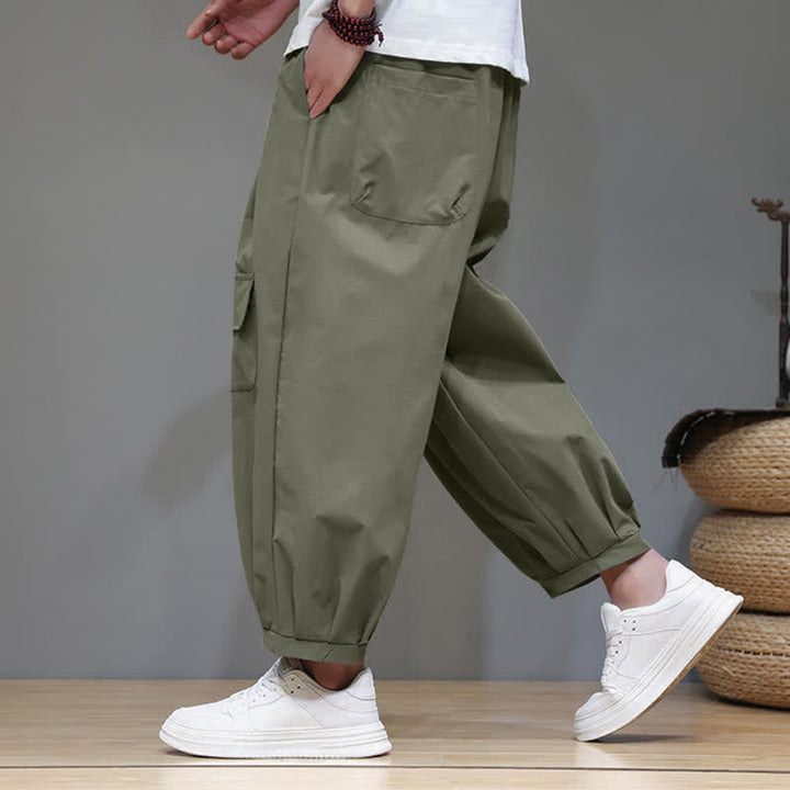 Buddha Stones Summer Casual Minimalist Drawstring Solid Capri Pants Men's Harem Pants With Pockets - image 4