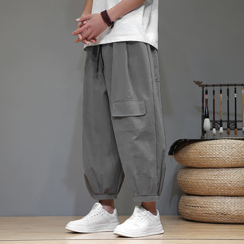 Buddha Stones Summer Casual Minimalist Drawstring Solid Capri Pants Men's Harem Pants With Pockets - image 8