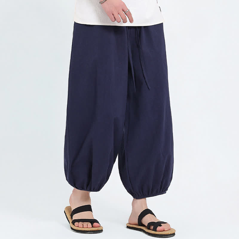 Buddha Stones Summer Tang Style Casual Drawstring Solid Cropped Pants Men's Harem Pants With Pockets - image 3