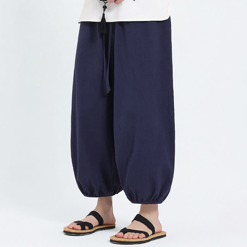 Buddha Stones Summer Tang Style Casual Drawstring Solid Cropped Pants Men's Harem Pants With Pockets - image 1