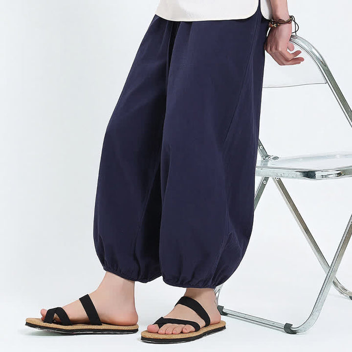 Buddha Stones Summer Tang Style Casual Drawstring Solid Cropped Pants Men's Harem Pants With Pockets - image 6