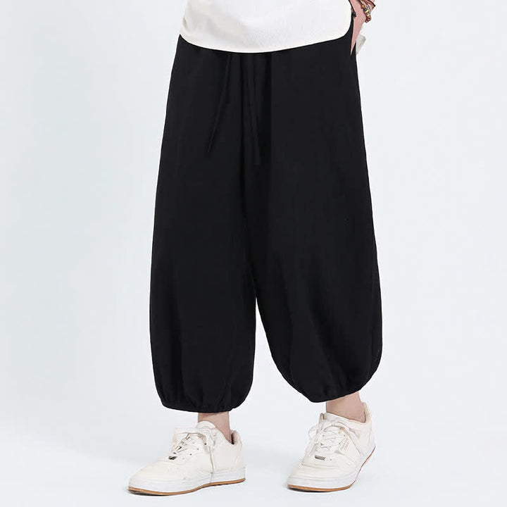 Buddha Stones Summer Tang Style Casual Drawstring Solid Cropped Pants Men's Harem Pants With Pockets - image 8