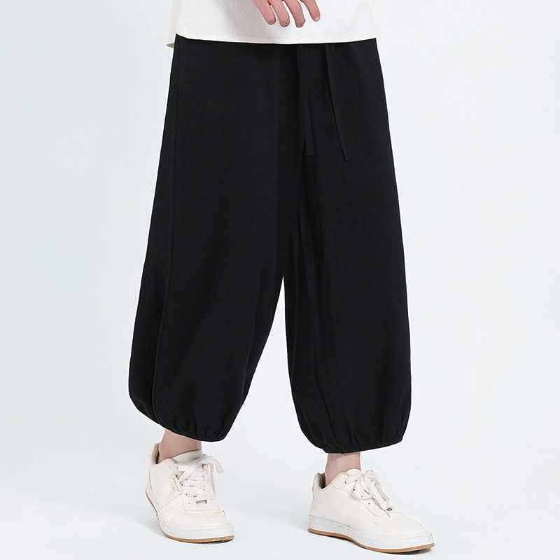 Buddha Stones Summer Tang Style Casual Drawstring Solid Cropped Pants Men's Harem Pants With Pockets - image 12