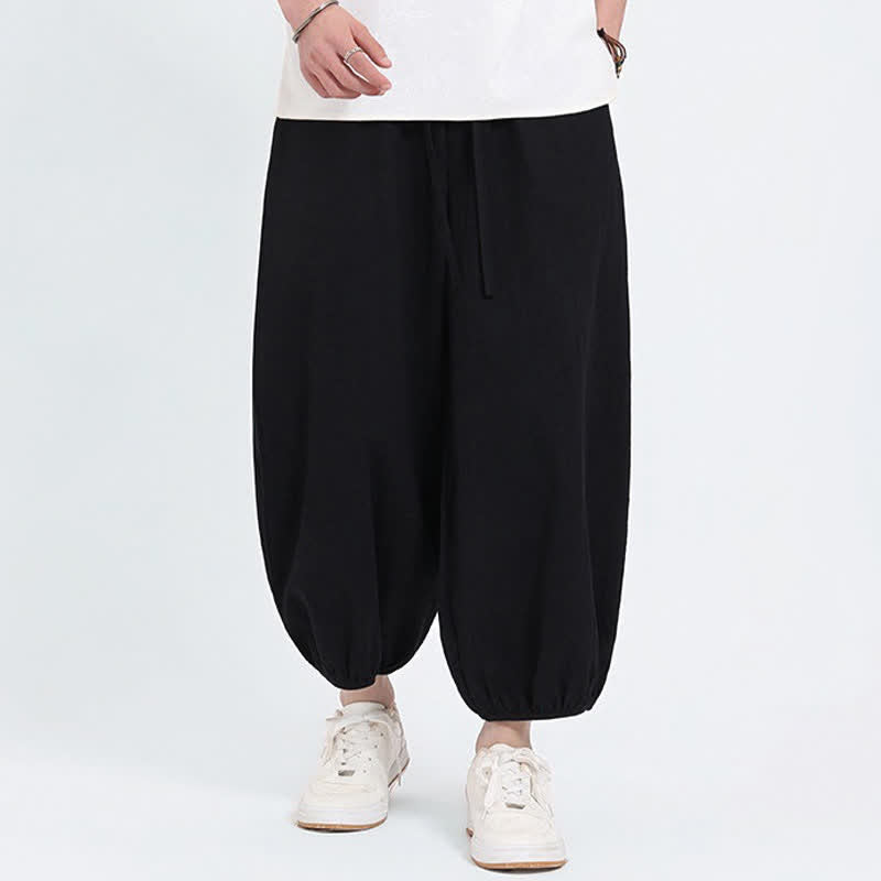 Buddha Stones Summer Tang Style Casual Drawstring Solid Cropped Pants Men's Harem Pants With Pockets - Black - US/UK/AU46，EU56 (5XL) - image 7