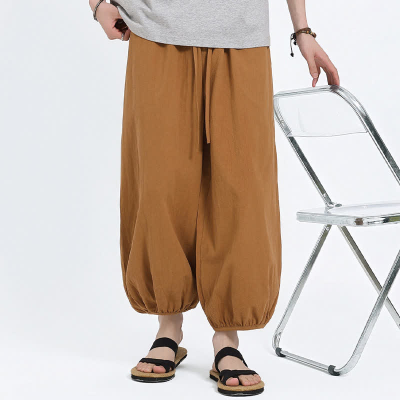 Buddha Stones Summer Tang Style Casual Drawstring Solid Cropped Pants Men's Harem Pants With Pockets - image 22