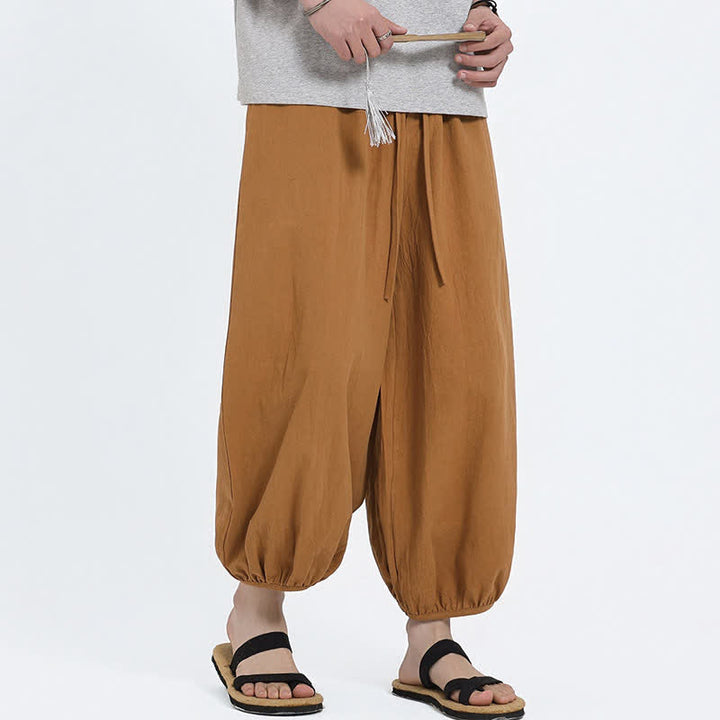 Buddha Stones Summer Tang Style Casual Drawstring Solid Cropped Pants Men's Harem Pants With Pockets - image 16