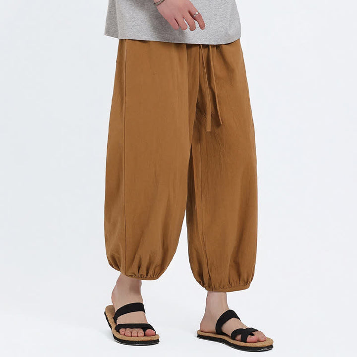 Buddha Stones Summer Tang Style Casual Drawstring Solid Cropped Pants Men's Harem Pants With Pockets - image 18