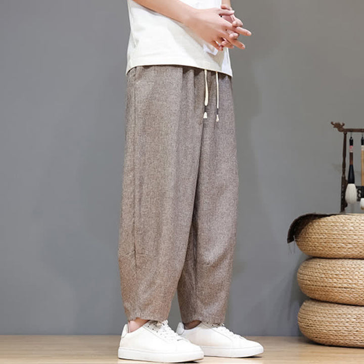 Buddha Stones Summer Casual Minimalist Drawstring Solid Cropped Pants Men's Tapered Pants With Pockets - image 3