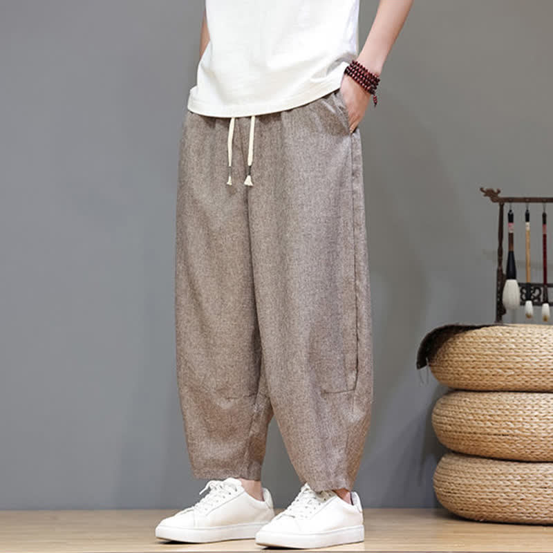 Buddha Stones Summer Casual Minimalist Drawstring Solid Cropped Pants Men's Tapered Pants With Pockets - image 7