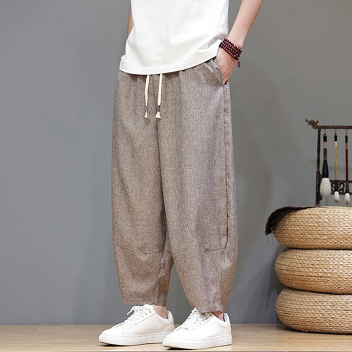 Buddha Stones Summer Casual Minimalist Drawstring Solid Cropped Pants Men's Tapered Pants With Pockets - image 7