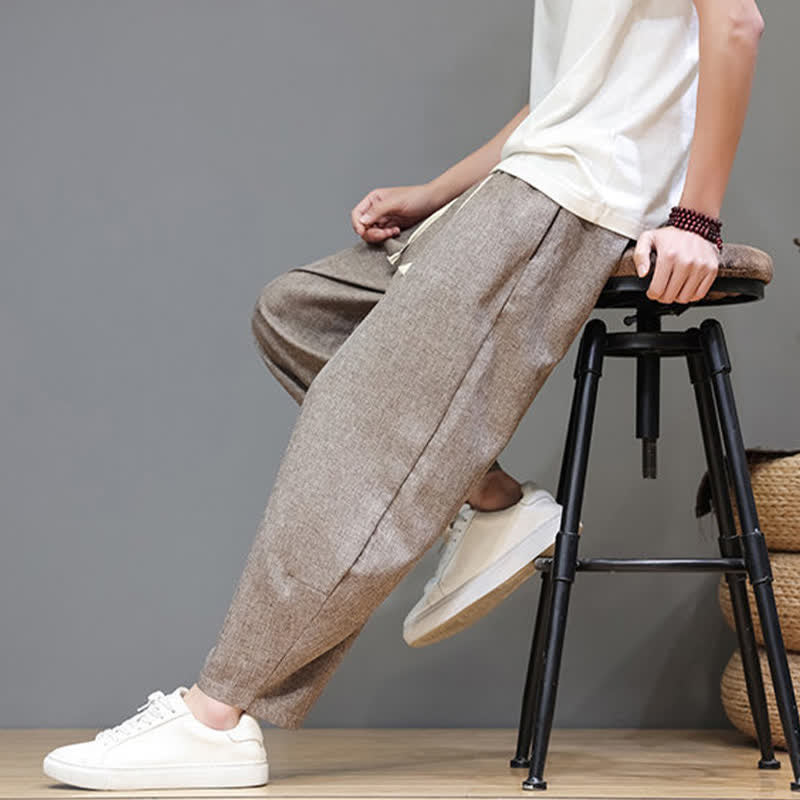 Buddha Stones Summer Casual Minimalist Drawstring Solid Cropped Pants Men's Tapered Pants With Pockets - image 8