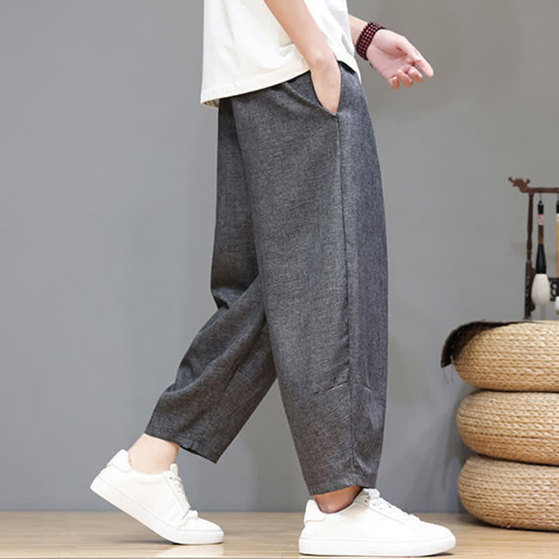 Buddha Stones Summer Casual Minimalist Drawstring Solid Cropped Pants Men's Tapered Pants With Pockets - image 12